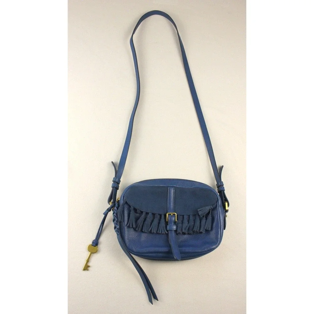 Fossil Kendall Crossbody Bag Blue Leather‎ Fringe Tassel Key Charm Strap